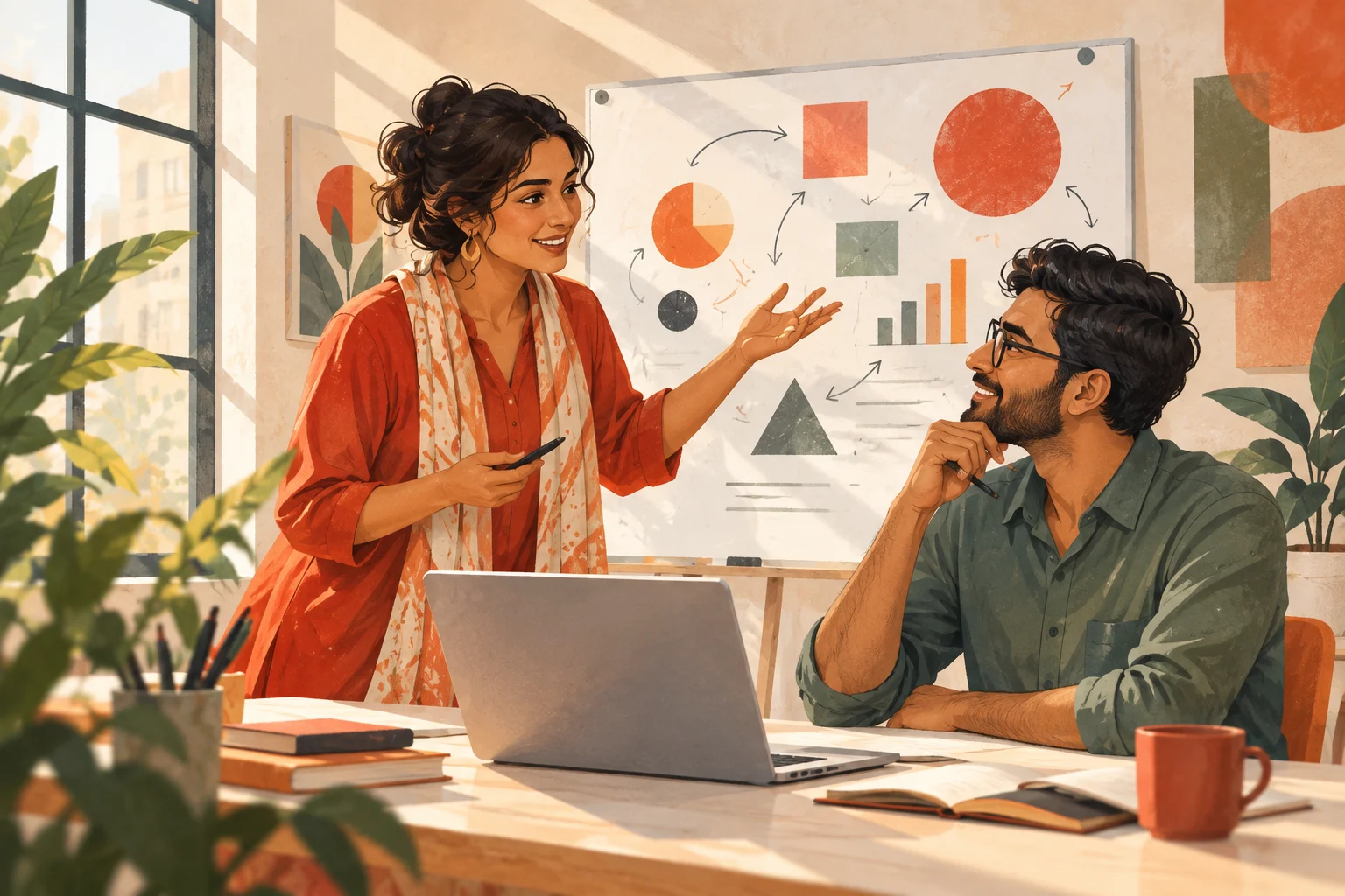 Illustration of two colleagues discussing ideas and learning together