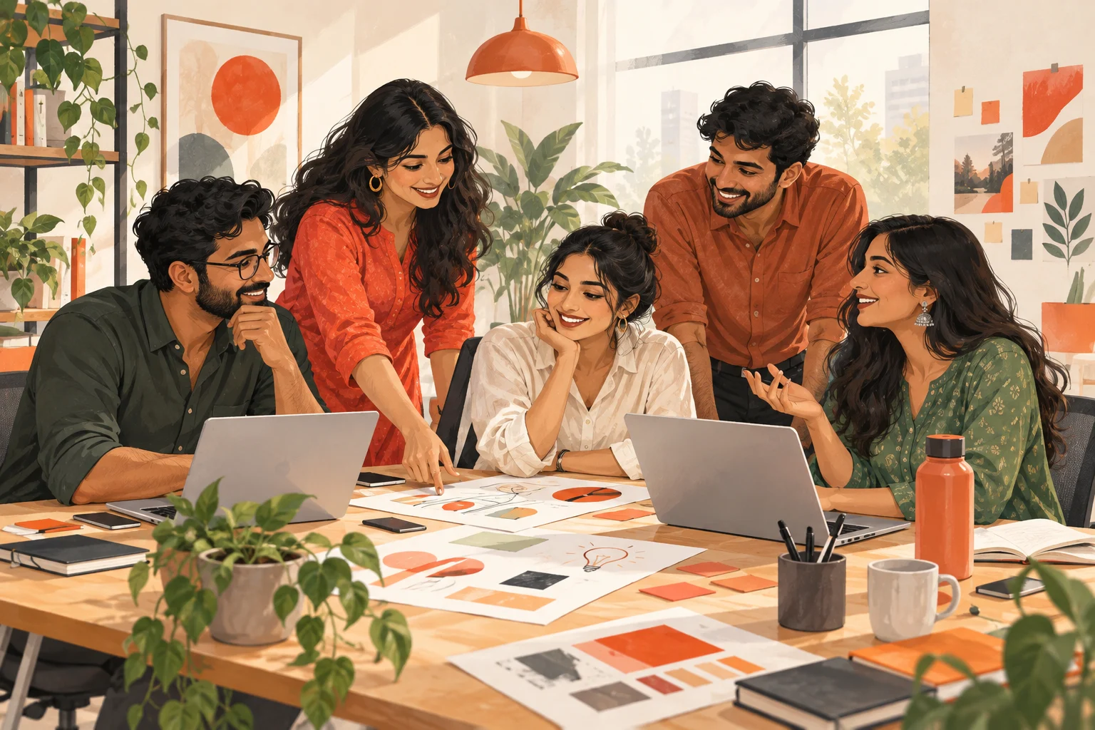 Illustration of colleagues sharing ideas around a workspace